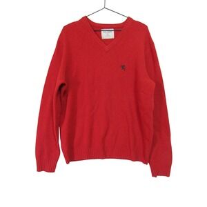 Express Lambs Wool V-Neck Sweater Mens Large‎ Red Good Lion Logo Pullover